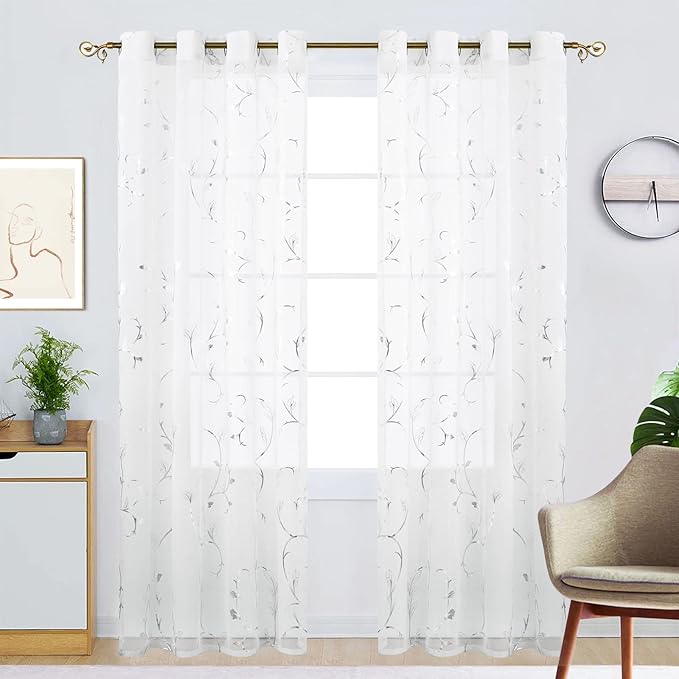 BUHUA White Sheer Curtains 84 Inch Length Semi - Sheer Curtains Printed Silver Foil Vine Pattern Grommet Window Curtains for Girls Bedroom, 55 x 84 Inch, 2 Panels - Image 2