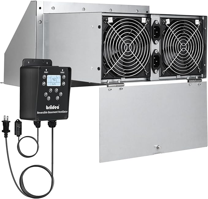 Reversible Basement Ventilation Fan with Dual 100 CFM Fans, Independent Speed Control, Smart Humidity & Timer Modes, Real-Time Display, Fresh Air Supply & Exhaust for Basement, Storeroom, Wine Cellar by briidea