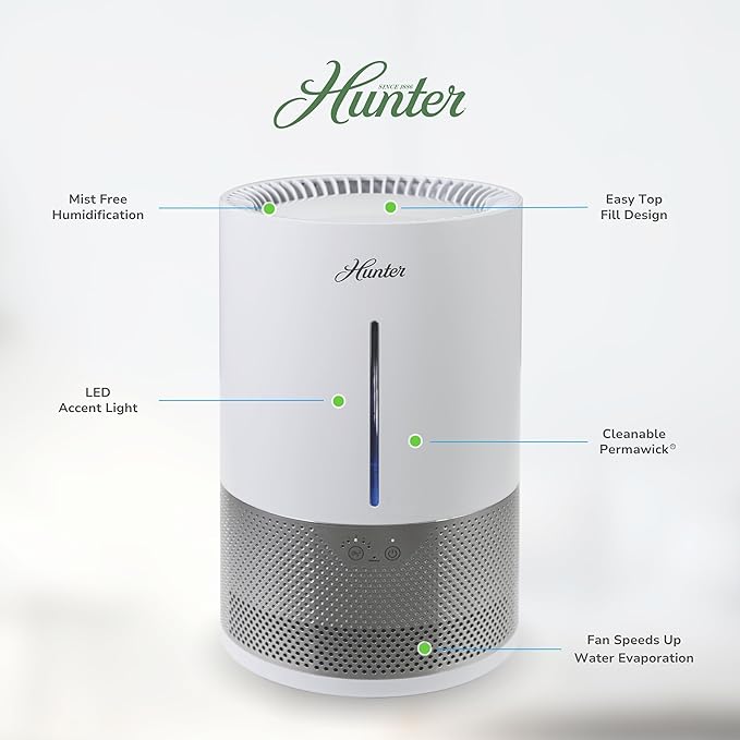 HHE150 Hunter Aspire 4.8L Evaporative Humidifier with PermaWick Filter (4.8L) - Remove Contaminants & White Dust for Clean Mist & Air – Medium Humidifier for Home, Bedroom, or Dorm - White - Image 2