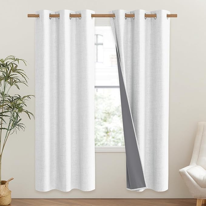 NICETOWN 100% Absolutely Blackout Linen Curtains with Thermal Insulated Liner, Greyish White, 42" Wide, 72" Length Energy Saving Curtains for Classroom 2 Panels Set, Vertical Blinds - Image 2