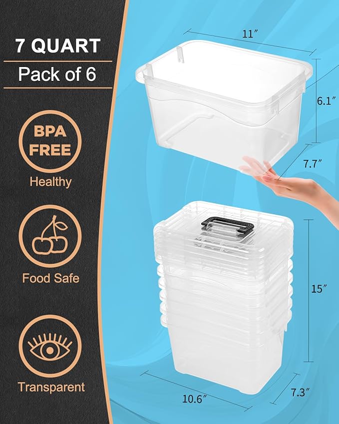 Plastic Storage Bins with Lids 6 Packs, 7 Quart Storage Organizer Bins with Buckle-Up Latches and Handle, Stackable Storage Containers for Home Pantry Office Classroom Organization, Clear - Image 2