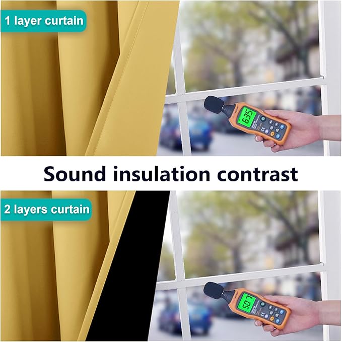 NICETOWN 100% Blackout Short Curtains with Black Liners, Thermal Insulated Full Blackout 2-Layer Lined Drapes, Energy Efficiency Window Draperies for Bedroom (2 Panels, 37" W by 63" L, Bright Yellow) - Image 4