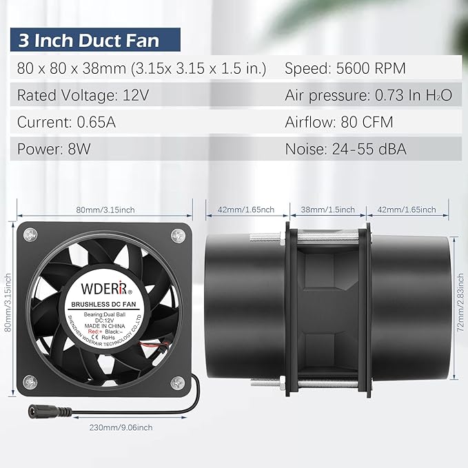 80mm x 38mm 3 Inch Air Vent Duct Booster Adjustable Speed Fan with 2 Duct Adapters for DIY Grow Tent Attic Hydroponics Ventilation Soldering Fume Extractor-D8038 - Image 5