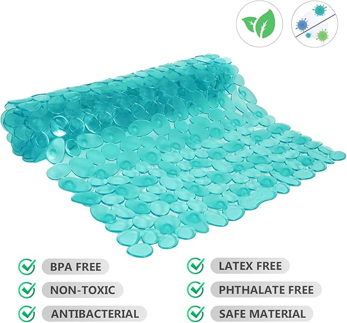 WELTRXE Non Slip Bath Mat Pebbles Bathtub Mat with Suction Cups, Drain Holes for Bathroom Showers, Tub, 35 x 16 Inches Machine Washable Bathroom Mats BPA, Latex Free Safe Shower Mats - Teal - Image 2