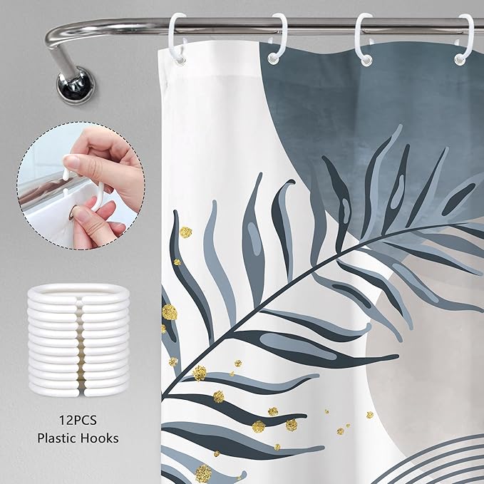 Blue Gray Boho Shower Curtain 60Wx72H Abstract Grey Bohemian Modern Leaves Mid Century Minimalist Plant Bathroom Decor Contemporary Simple Neutral Bath Curtain Fabric Polyester 12 Pack Hooks - Image 6