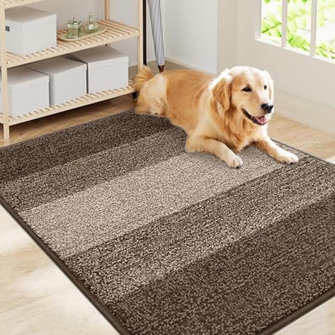 Smiry Dog Door Mat for Muddy Paws, Absorbs Moisture and Dirt, Low-Profile Entryway Mat with Non-Slip Backing, Entry Indoor Outdoor Doormat for Inside Floor (40x32 Inches, Light Brown, Striped) by Smiry