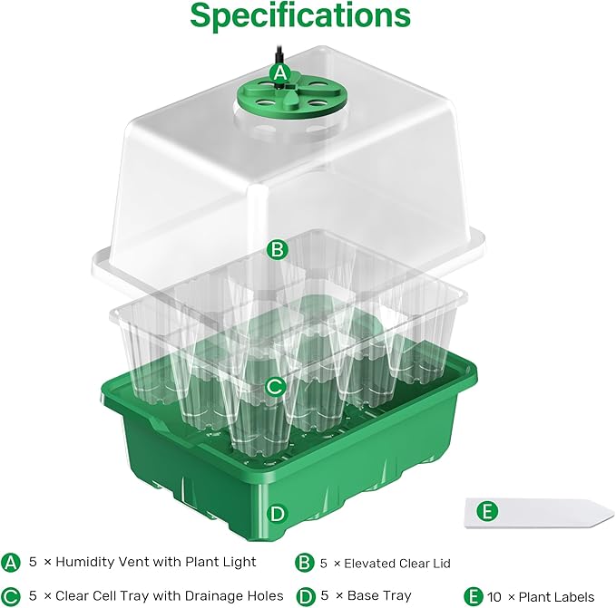 Bonviee 5 Packs Seed Starter Tray with Plant Light, Elevated Seedling Starter Trays Kits with Adjustable Humidity Domes and Clear Cell Tray, 12 Full Spectrum led lamp Beads for Plants Indoor-Green - Image 2