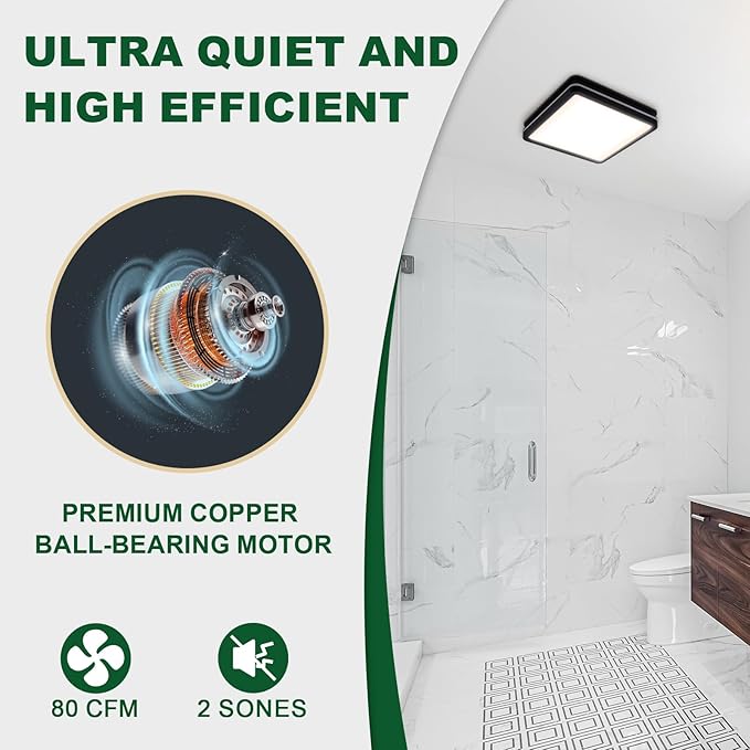 Akicon Bathroom Exhaust Fan with Light, 80CFM 2.0 Sones Exhaust Fan for Bathroom Ceiling, 15W Dimmable 3CCT LED Lights & 3.5W Nightlight Vent Fan for Home, Shower Room, Square, Black - Image 2
