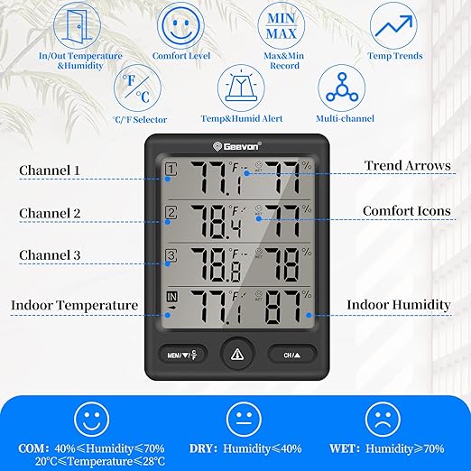 Geevon Indoor Outdoor Thermometer Wireless with 3 Remote Sensors, Digital Hygrometer Thermometer, Wireless Temperature Humidity Monitor Gauge with 200FT/60M Range (Black) - Image 2