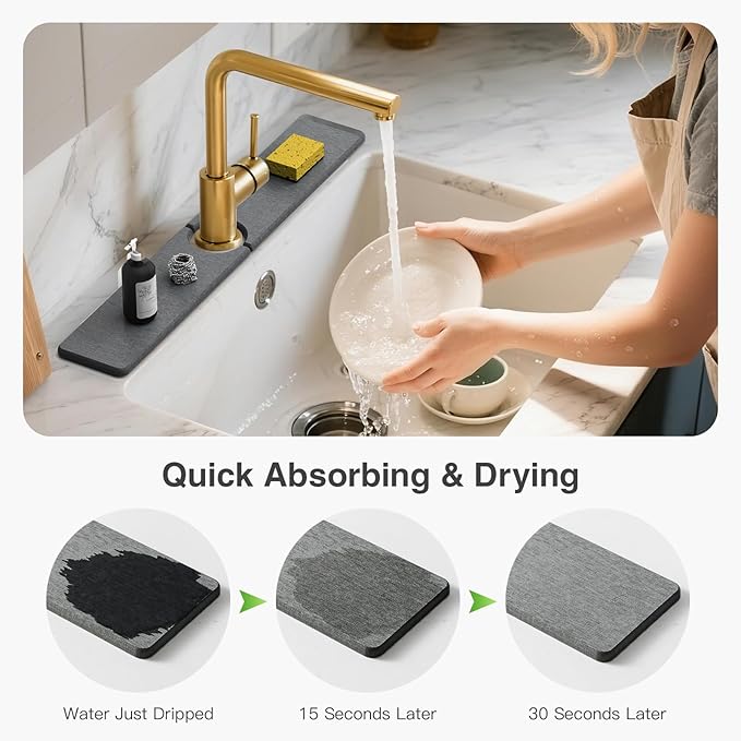23.6" x 4" Stone Faucet Mat for Kitchen Sink, Quick Drying Diatomite Sink Tray, Faucet Sink Splash Guard for Prevents Moisture Buildup (Dark Gray) - Image 3