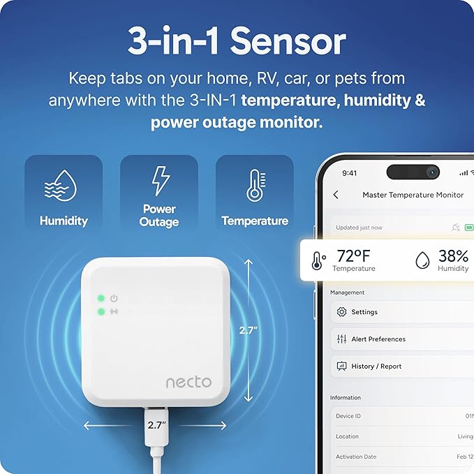 Necto Cellular Temperature Monitor - Remote Power Failure Alarm & Humidity Sensor with Unlimited Alerts. Temp Monitoring System for RV Pet Safety, Vacation Home, Server Room. No Fees or WiFi Required - Image 3
