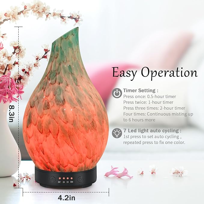 Essential Oil Diffuser 120ml Ultrasonic Aromatherapy Diffuser with Handmade Glass BPA Free, Auto Shut-Off 4 Timer Setting 7 Colors Changed LED for Home Yoga Office (Cobblestone) - Image 4