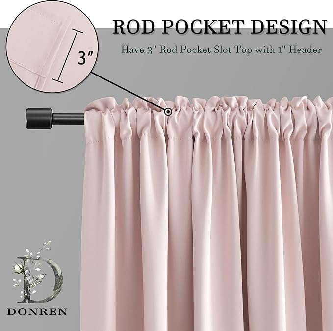 DONREN 48 Inch Length Blush Pink Curtains for Girls Baby Room - Light Pink Kitchen Room Darkening Thermal Insulated Curtains for Bathroom Small Window,52" Wide by 48" Long,1 Pair - Image 3