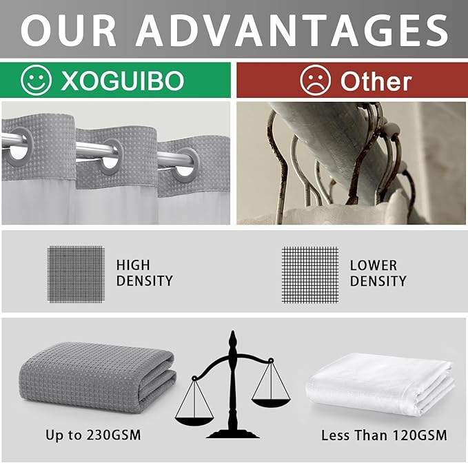 Grey Shower Curtain and Liner Set,230GSM Waffle Weave Textured Heavy Duty Hotel No Hook Shower Curtain 75" L x 72" W - Image 2