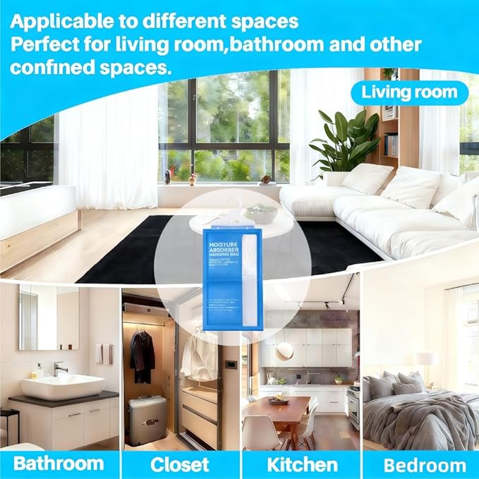Moisture Absorbers Packets, Dehumidifier Bags, Hanging Moisture Absorber Bag, Humidity Packs,Closet Dehumidifier,Unscented Desiccant in Wardrobes, Bedrooms, Bathrooms,Kitchen (12 PACK) - Image 6