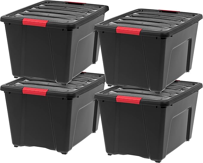 IRIS USA 51 L (54 QT) Plastic Storage Box with Lid and Latches - 4 Pack - BPA-Free, Garage Organizing Solution, Durable Nestable Stackable Containers, Secure Pull Handle - Black by IRISUSA
