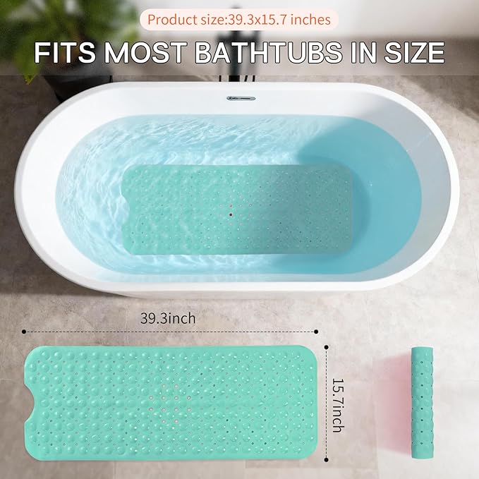 Anti-Slip Bathtub Shower mat, 39.3×15.7 inch（Approximately 100 × 40cm） Soft Oversized Machine Washable Non-Slip Bathtub mat with Drainage Holes, Bathroom Floor Suction Cup.（1-Opaque Mars Green） - Image 3