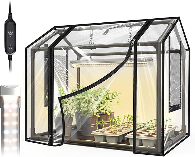 Bstrip Indoor Greenhouse with Grow Light, Mini EVA Tent with PE Base Mat, Ventilation Windows & Zippered Door, 18W Tabletop Greenhouse Light for Seed Starting with Timer, 23.8" x 15.7" x 20.5" by Bstrip
