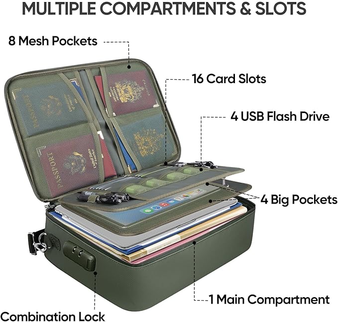 BALEINE Fireproof Document Box with Lock, Portable Fireproof Document Bag Waterproof Fire Proof File Boxes for Documents, File Organizer Box for Important Paperwork (Green, 15''x11''x4'') - Image 2