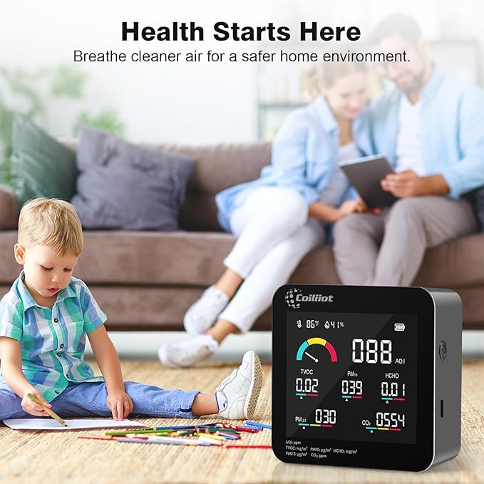 Air Quality Monitor Indoor – CO2 Detector, VOC Meter and AQI Tester Tracks TVOC, HCHO, PM2.5 & PM10 with Temperature & Humidity Sensor for Home Office (Black) - Image 6
