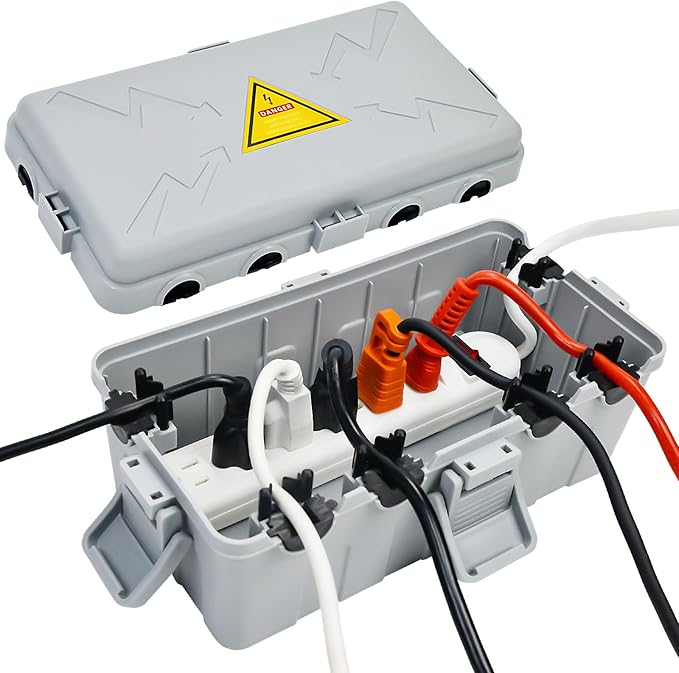 Hrensaw Medium Outdoor Electrical Box(10.6x5.5x4.5inch),Weatherproof Connection Box w/6 Cable Entry,IP54 Waterproof Extension Cord Cover Protect Power Strip,Timer,Plug,Holiday Lights,Grey by Hrensaw