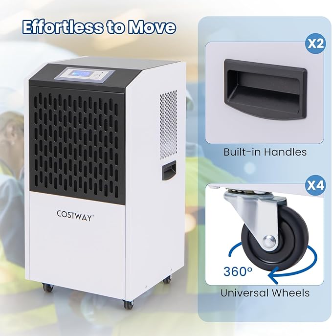 COSTWAY 250 Pints Commercial Dehumidifier with Drain Hose, Industrial Heavy Duty Dehumidifier, 24H Timer & 4 Wheels for Basement, Warehouse, Water Damage Restoration, Large Spaces up to 8,500 Sq.Ft - Image 7