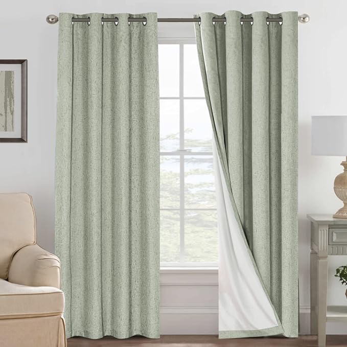 H.VERSAILTEX Linen Blackout Curtains 96 Inches Long 100% Absolutely Blackout Thermal Insulated Textured Linen Look Curtain Draperies Anti-Rust Grommet, Energy Saving with White Liner, 2 Panels, Sage by HVERSAILTEX