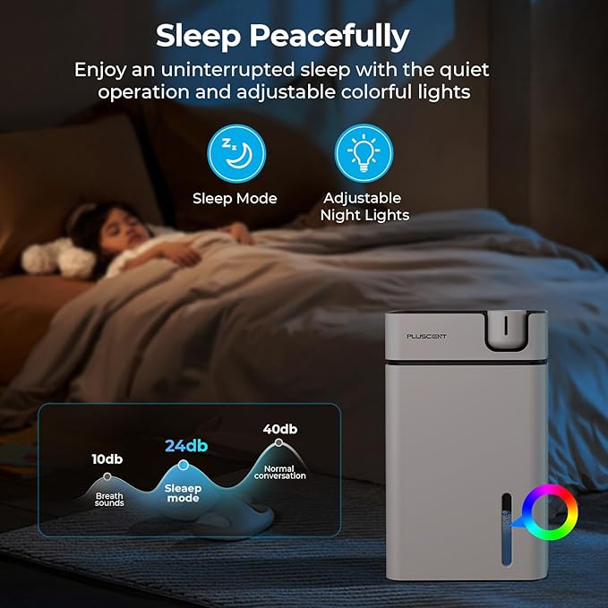 Dehumidifiers for Home, PLUSCENT 1000 Sq.ft Quiet Dehumidifier with Drain Hose for Basement Bedroom Bathroom RV Closet, with 88 OZ Water Tank, Auto Defrost, Auto Shut Off, Sleep Mode, 7 Colors LED - Image 5