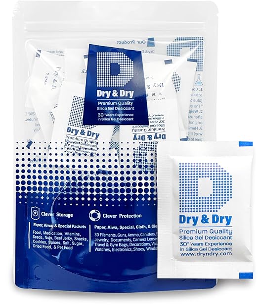 Dry & Dry 5 Gram [50 Packets] Silica Gel Packets Silica Gel Desiccants, Silica Gel Packs - Rechargeable (Food Safe) Silica Gel Packets, Silica Packets by DryDry
