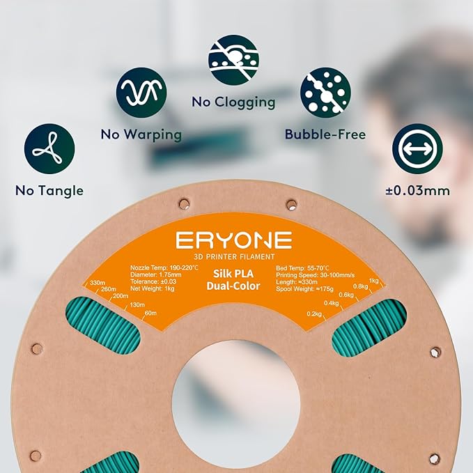 ERYONE Silk Dual Color PLA Filament 3D Printer 1.75mm +/- 0.03mm, Bicolor Filament Two Tone PLA 1KG(2.2lbs) Cardboard Spool, Black Green - Image 4