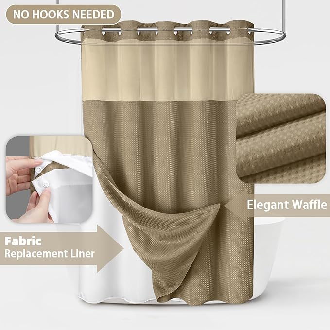 No Hook Shower Curtain and Liner Set,Beige Hotel Waffle Shower Curtain with Liner 81" L x 72" W - Image 3