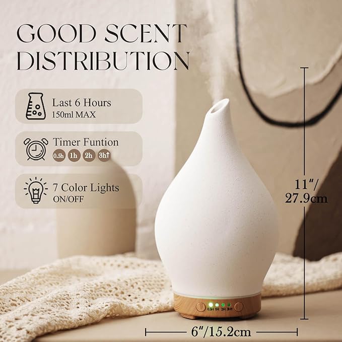 Porseme 150ml Essential Oil Diffuser Ceramic Color Changing Aroma Air Diffusers Aromatherapy Ultrasonic Cool Mist Humidifier 6 Running Hours for Spa Office Sleeping Yoga (White Ceramic) - Image 2