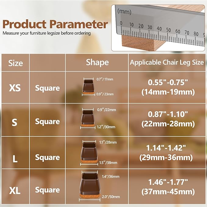 16Pcs Square Chair Leg Floor Protectors with Thickened Felt Pads Silicone Chair Leg Covers Caps to Protect Hardwood Tile Floors Furniture Feet Reduce Noise (Brown XS Fit 0.55"-0.75") - Image 2