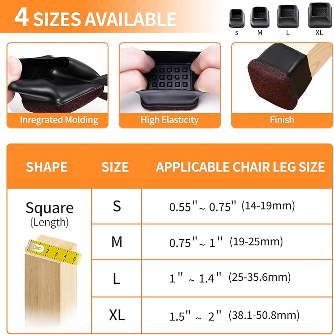 Ezprotekt 8 Pcs Extra Large Square Chair Leg Floor Protectors, Silicone Felt Furniture Pads for Hardwood Floor, Dining Table Bar Stool Leg Protectors Leg Cups Covers (XL Fit: 1.5" - 2", Black) - Image 3