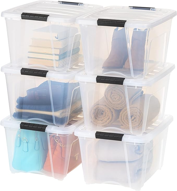 IRIS USA 32 QT Plastic Storage Box with Lid and Latches - 6 Pack - BPA-Free, See-Through Organizing Solution, Durable Nestable Stackable Containers, Secure Pull Handle - Clear by IRISUSA