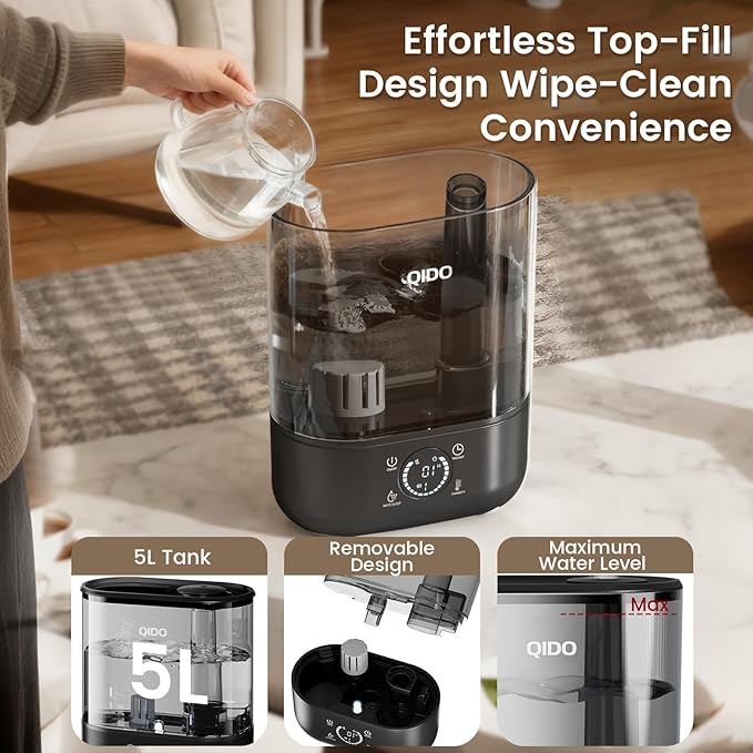 QIDO Top Fill Humidifiers for Bedroom, 5 L Cool Mist 36H Super Long Time, Quiet 28dB Essential Oil Diffuser for Baby & Plants, 3 Adjustable Mist with Touch/APP/7-color Nightlight, Auto Shut-off, Black - Image 4