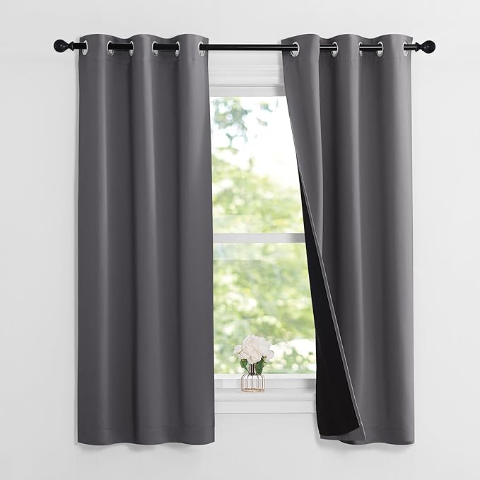 NICETOWN 100% Blackout Short Curtains with Black Liners, 2 Panels, 37" W by 60" L, Grey, Solid Thermal Insulated Full Blackout 2-Layer Lined Drapes, Energy Efficiency Window Draperies for Bedroom - Image 2