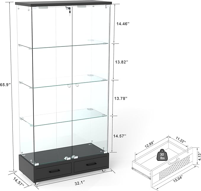 Yoluckea 4-Tier Glass Display Cabinet with LED Lighting and 2 Drawers, 2-Door Floor Standing Curio Cabinet with Wheel for Home, Office, Corner Display, Black Glass Bookshelf for Collections and Decor - Image 2