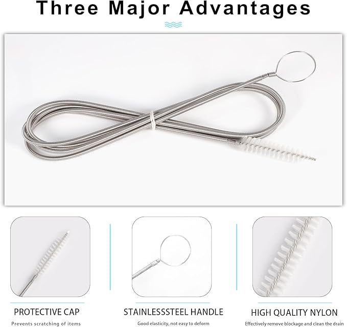 CiaraQ Bottle Cleaning Brushes, 8 Inch Nylon Tube Brush Set & A Flexible Long Drain Brush 60 inch, Cleaner for Narrow Neck Bottles Cups with Hook, Set of 11pcs, White - Image 2