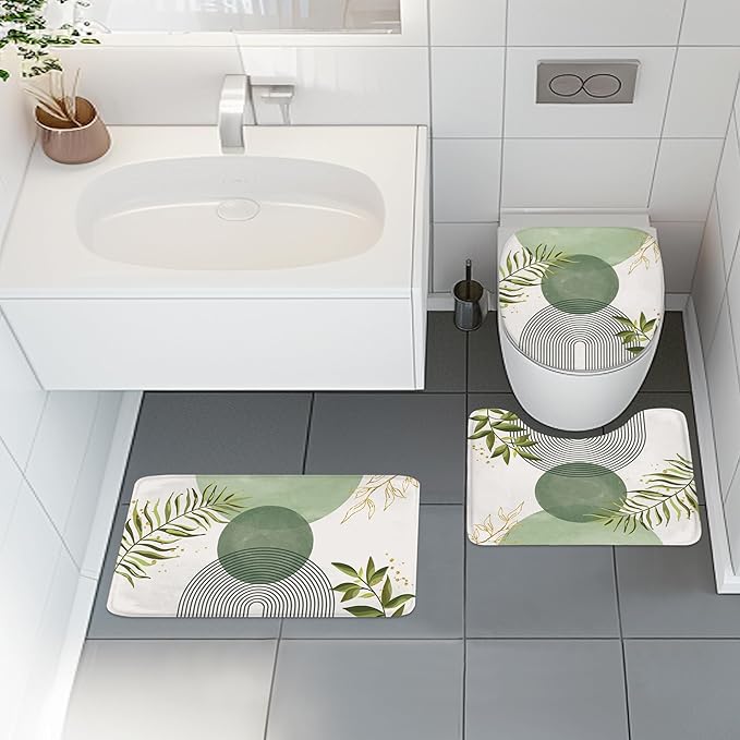 4 PCS Sage Green Boho 72Wx72H Shower Curtain Set Modern Leaves Mid Century Plant Bath Rug Toilet Lid Cover Nonslip U Shape Mat Quick Dry Rubber Backed Dirt Resistant Accessories Bathroom Decor - Image 2