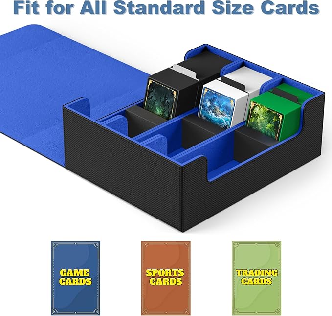 Mlikero Card Deck Case, 1800+ Trading Card Storage Box with 10 Dividers and 3 Foam Stoppers, Leather Magnetic Closure Commander Deck Box Fit for YuGiOh, MTG and Sport Cards(Black&Blue) - Image 6