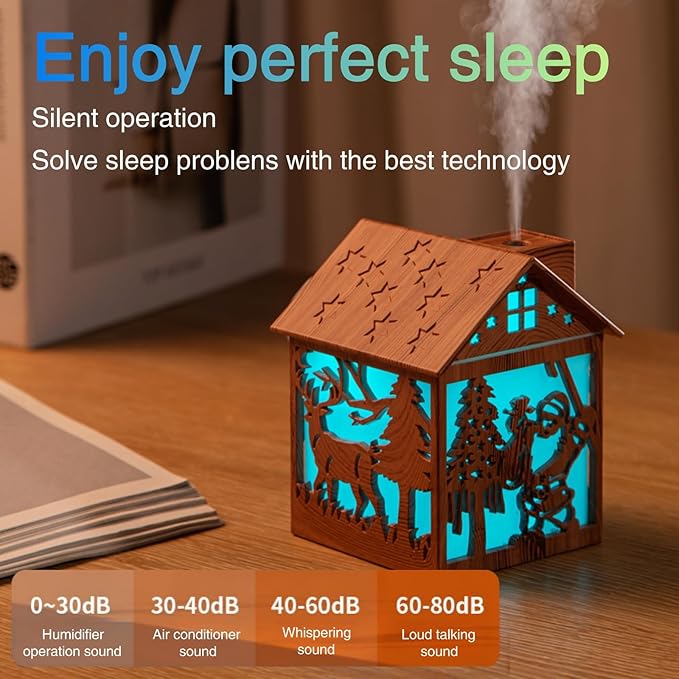 Colorful Cool Mini Humidifier, Cabin styling with Christmas theme，USB Personal Desktop Humidifier 2 Mist Modes, 7 colors,Super Quiet Perfect for Baby Bedroom, Office (Lightwood) - Image 3