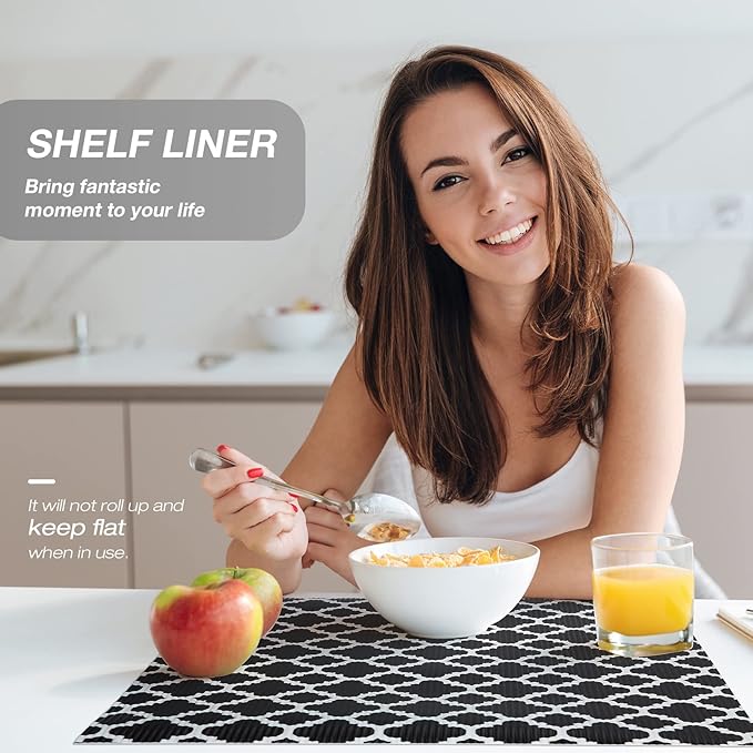 Glotoch Shelf Liners for Kitchen Cabinets 17.5” x 30 ft, Non Slip Drawer Liner, Waterproof Cabinet Liner for Wire/Pantry/Closet/Dresser-Non Adhesive, Heavy Duty, Quatrefoil, Black&White - Image 2
