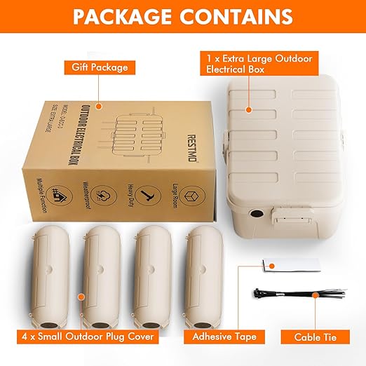 RESTMO 5-Piece Outdoor Waterproof Electrical Box Set – 12.5" x 8.5" x 5" Large & 7.1" x 2.3" x 2.3" Small, Weatherproof Boxes for Power Strip, Outlet, Plug, Socket, Timer, Holiday Light, Almond - Image 2