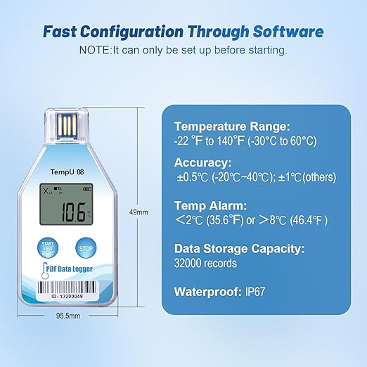 Tzone Digital Temperature Data Logger USB Single Use Temp Recorder 5 Packs,Disposable Freezer Thermometer Recording 200 Days with Auto Reports for Cold Chain Medical Refrigerator Lab IP67 Waterproof - Image 4