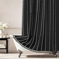 72 x 76 inch Extra Long Boho Chic Shower Curtain Heavyweight with Tassels, Soft Linen Textured Fabric Farmhouse Shower Curtain, Elegant Black and White Striped Bathroom Curtain Water Repellent by Seenus