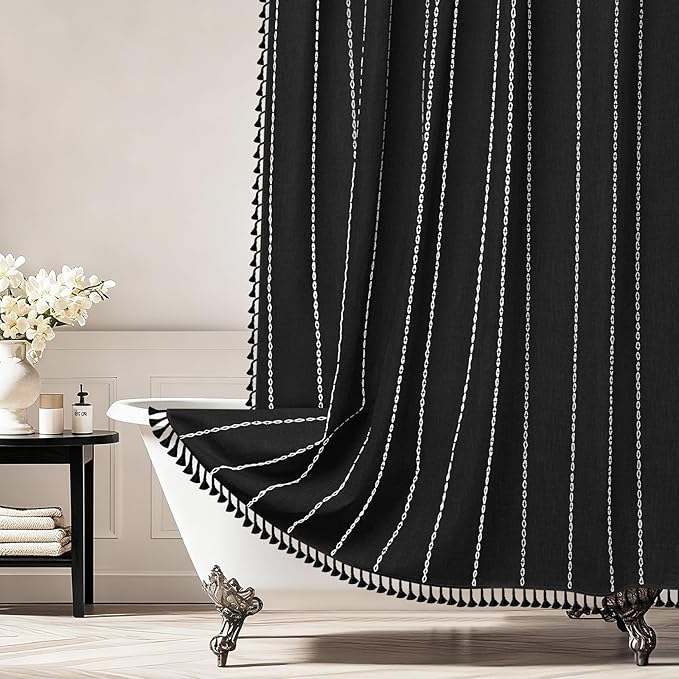 Country Farmhouse Shower Curtain Heavyweight with Tassels, Soft Linen Textured Thick Fabric Shower Curtain Black White Striped, 72 x 72 Inch Vintage Boho Bathroom Shower Curtain Water Repellent by Seenus