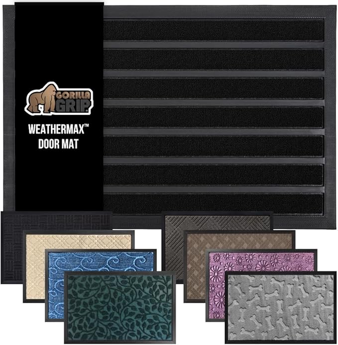 GORILLA GRIP 100% Waterproof All-Season WeatherMax Doormat US Designed Natural Rubber, Stain and Fade Resistant, Low Profile Indoor Outdoor Door Mats, Easy Clean Patio Mat, 17x29, Black Stripe by GorillaGrip