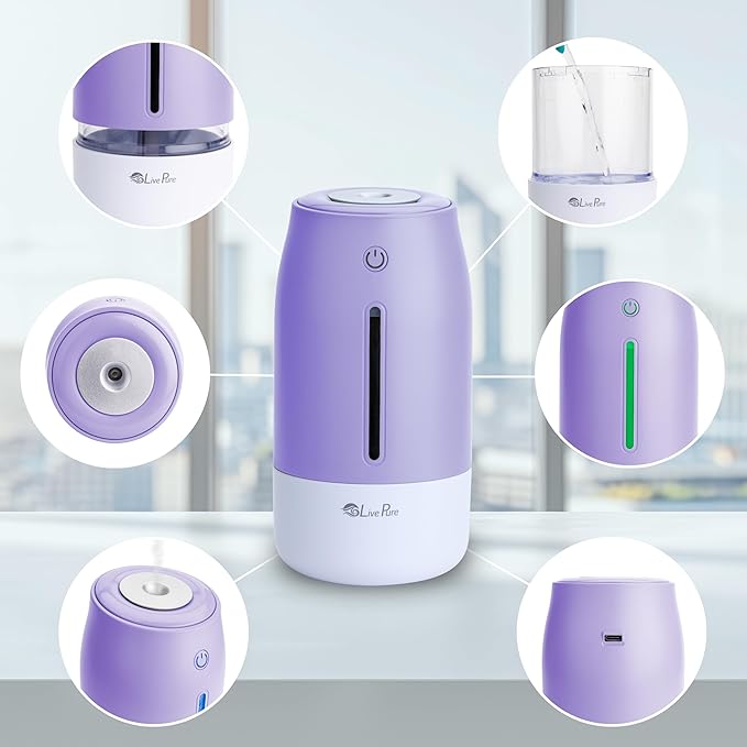 LivePure Cool Mist Humidifiers for Bedroom. Small Humidifier for Babies, Nursery, Plants, Office. Ultrasonic Cool Mist Humidifier w/Quiet Operation, USB-C Rechargeable. Lavender - Image 6