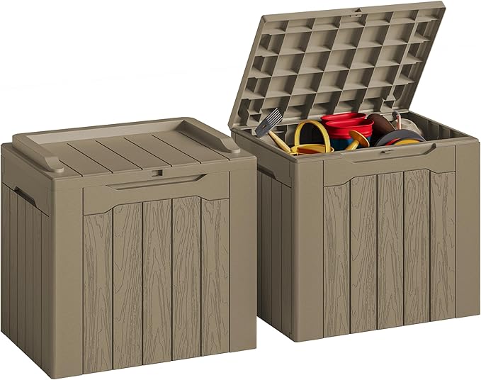 JUMMICO 31 Gallon Resin Deck Box Waterproof Indoor Outdoor Storage Boxes for Patio Furniture Cushions and Garden Tools (Light Brown, 31gallon-2 Packs) by JUMMICO